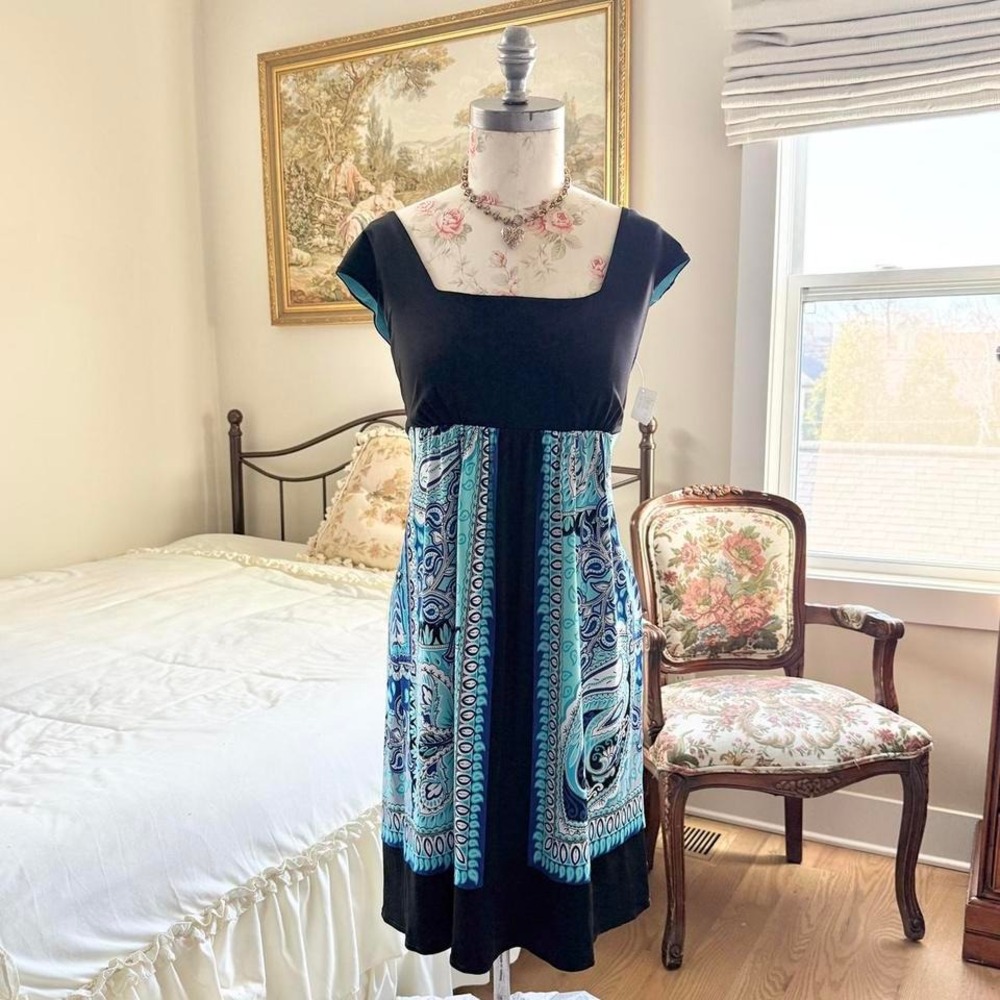 Y2K black blue‎ paisley midi dress London Times size 10